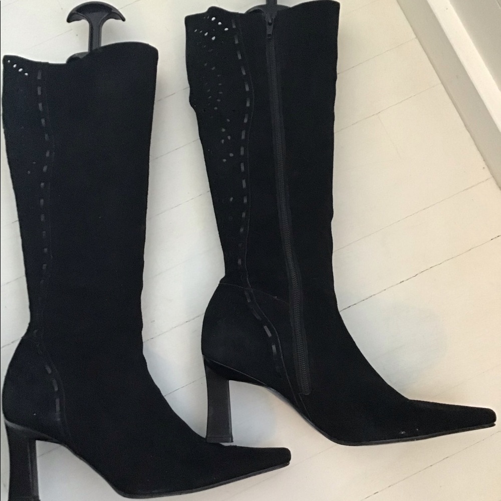 Womens Vintage Suede Laser cut Heeled Dress Boots